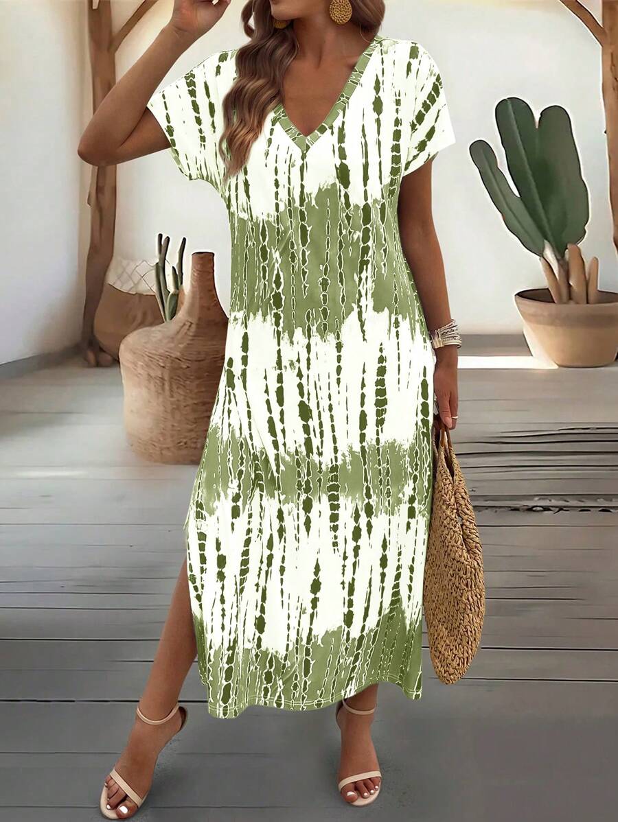 Zayélia Women's Summer New Casual V-Neck Short Sleeve Loose Tie-Dye Printed Split Dress