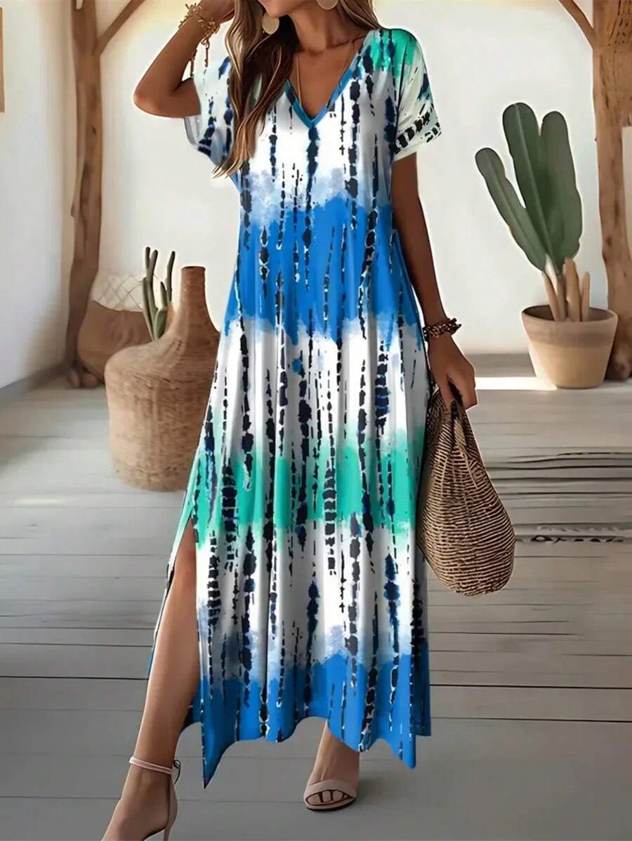 Zayélia Women's Summer New Casual V-Neck Short Sleeve Loose Tie-Dye Printed Split Dress